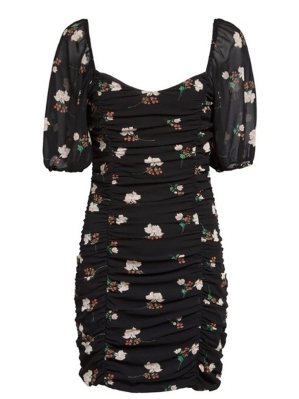 All in Favor Black Floral Ruched Puff-Sleeve Mini Dress